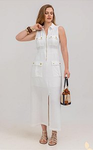 Vestido Midi Crepe Com Zíper Frontal E Bolsos Utilitários