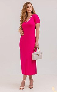 Vestido Midi Decote V Malha Canelada