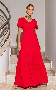 Vestido Midi Viscose Decote V Manga Curta