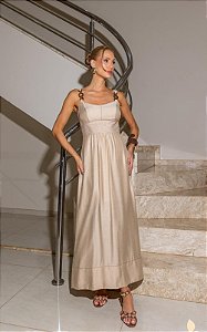 Vestido Longo Alfaiataria Decote Coração Com Pesponto