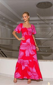 Vestido Midi Em Viscose Estampado Decote Coração
