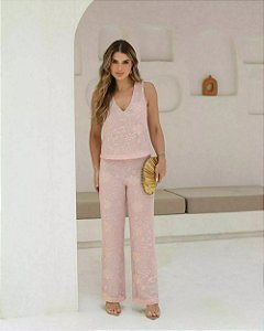 Calça Reta Em Tela Bordada Doce Flor