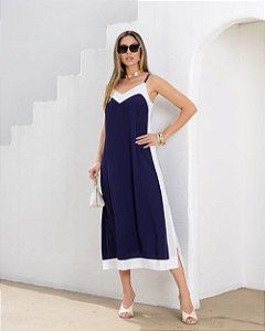 Vestido Midi Em Viscose Bicolor Decote V