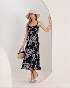 Vestido Midi Em Viscose Twill Bordado Decote Coração