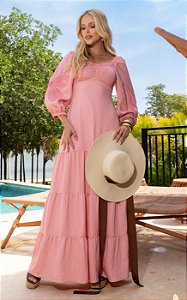 Vestido Midi Em Crepe Bordado Decote Coração