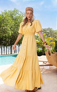 Vestido Midi Em Viscose Com Lastex Cintura