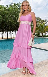 Vestido Midi Viscose Decote Coração e Babados