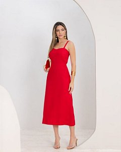 Vestido Midi Decote Coração Alça Fina Botão Frontal