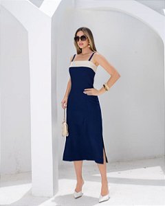 Vestido Midi Decote Reto Bicolor