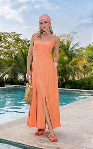 Vestido Midi Alfaiataria Decote Coração e Alças Largas