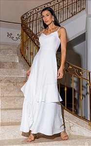 Vestido Midi Alfaiataria Com Babados e Decote Coração