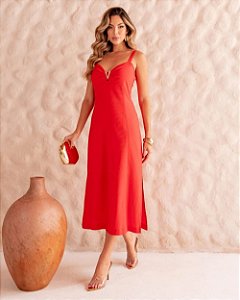 Vestido Midi Decote Coração Com Aviamento Dourado