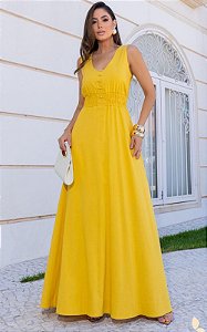 Vestido Longo Em Viscose Com Botões e Lastex