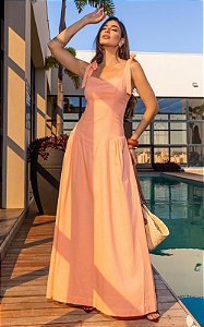 Vestido Midi Linho Decote Coração Alças Com Amarração