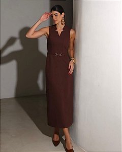 Vestido Midi Alfaiataria Recortes Com Cinto