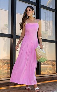 Vestido Em Viscolinho Decote Reto e Alças Finas Com Pérolas