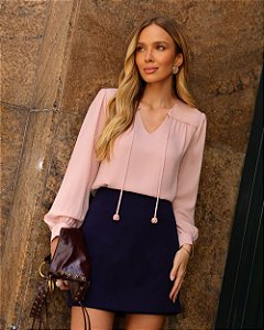 Blusa Em Crepe Manga Longa Decote V E Amarração Milalai