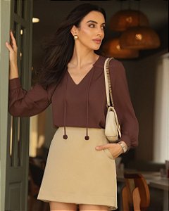 Blusa Em Crepe Manga Longa Decote V E Amarração Milalai