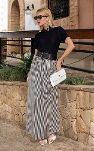 Vestido Midi Em Viscose Tricoline Com Mangas Curtas e Listras