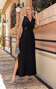 Vestido Midi Alfaiataria Decote V e Fenda Lateral