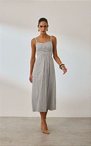 Vestido Midi Tricoline Listrado Com Lastex Costas