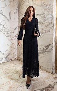 Vestido Midi Renda Manga Longa