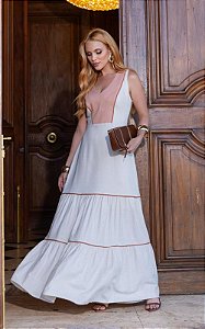 Vestido Midi Em Linho Decote V Bicolor