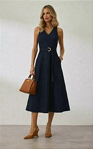 Vestido Midi Jeans Decote V Com Cinto