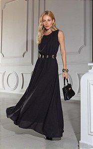 Vestido Midi Em Crepe Decote Redondo