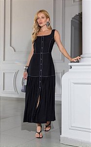 Vestido Midi Em Crepe Decote Quadrado Pespontado