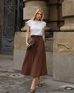 Saia Midi Evase Alfaiataria Com Elástico Cintura