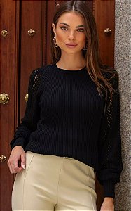 Blusa Tricot Manga Rendada
