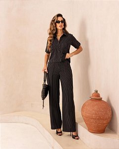 Conjunto Alfaiataria Risca De Giz Camisa Manga Curta e Calça