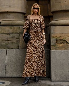 Vestido Midi Em Viscose Decote Quadrado