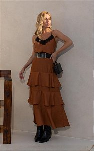 Saia Midi Em Chiffon Poá Com Babados