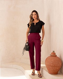 Calça Cargo Em Viscose Com Pesponto