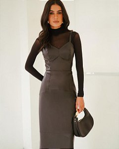 Vestido Midi Recortes Couro Sintético Donna Ritz