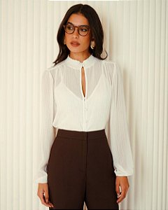 Blusa Chiffon Listras Manga Longa Gola Lastex Donna Ritz
