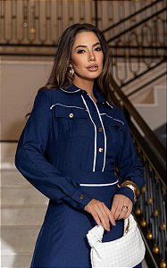 Camisa Manga Longa Em Viscose Com Bolsos e Detalhes Contrastantes