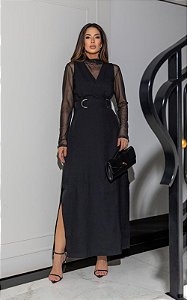 Vestido Midi Alfaiataria Decote V e Fenda Lateral