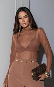 Blusa Em Tule Com Manga Longa E Gola Alta
