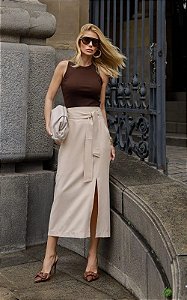 Saia Midi Em Alfaiataria Com Amarração