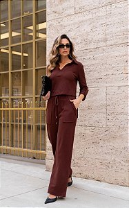 Conjunto Em Tricot Blusa Cropped e Calça