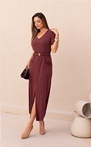 Vestido Midi Moletinho Decote V Com Cinto