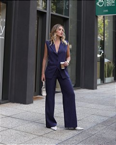 Calça Alfaiataria Risca De Giz Pantalona Doce Flor