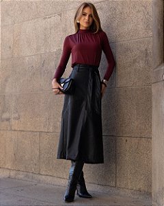 Saia Midi Couro Sintético Evase Com Cinto