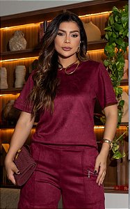 Blusa Manga Curta Em Suede Com Decote Redondo