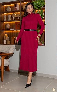 Vestido Midi Em Malha Canelada Com Gola e Decote V