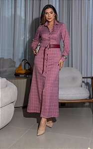 Vestido Midi Em Alfaiataria Xadrez Com Decote em V