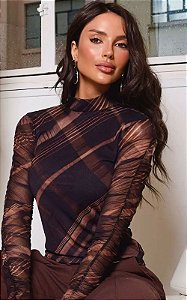Blusa Em Tule Com Manga Longa Xadrez